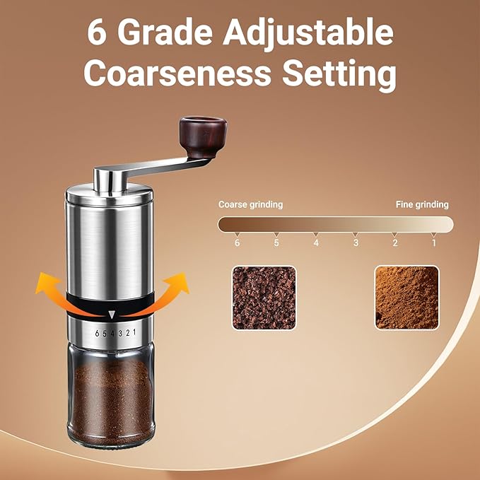 Ceramic Burr Manual Coffee Grinder with 6 Adjustable Coarseness Settings for Espresso Beans French Press Pour Over Drip Stainless Steel Hand Crank Coffee Mill for Home Use or Travel Camping