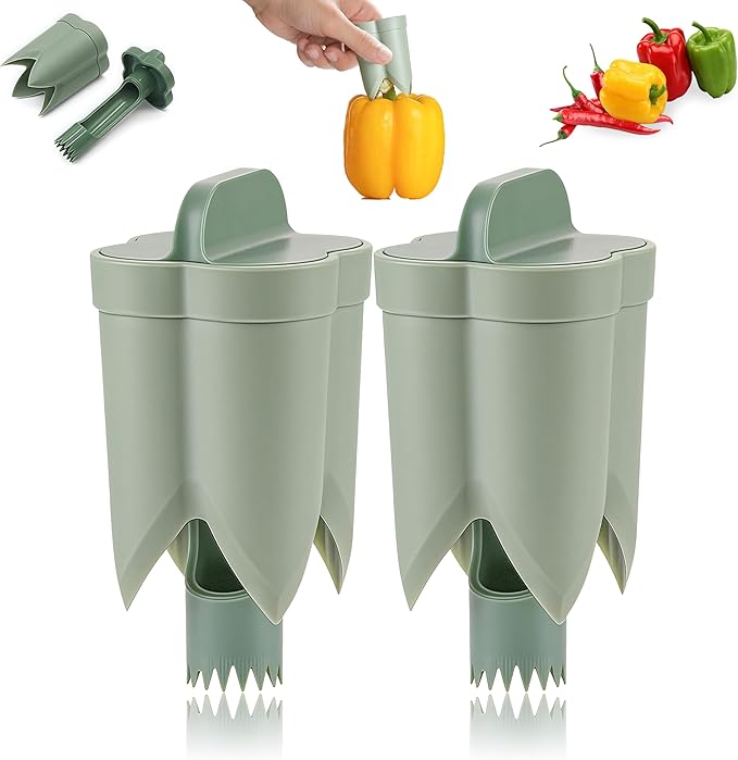 2PCS Pepper Corer,Chili Seed Remover Tool,Durable ABS Kitchen Gadget for Bell & Chili Peppers, 2-in-1 Design, Easy Twist Use, Ideal for Home Cooking, Camping(Green)