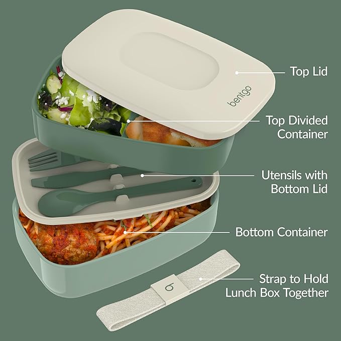 Bentgo Classic - Adult Bento Box, Stackable 3-Compartment Lunch Box with Removable Utensil Set and Sealing Strap, BPA-Free, Food Container Ideal for Meal Prep, Work, and On the Go (Khaki Green)