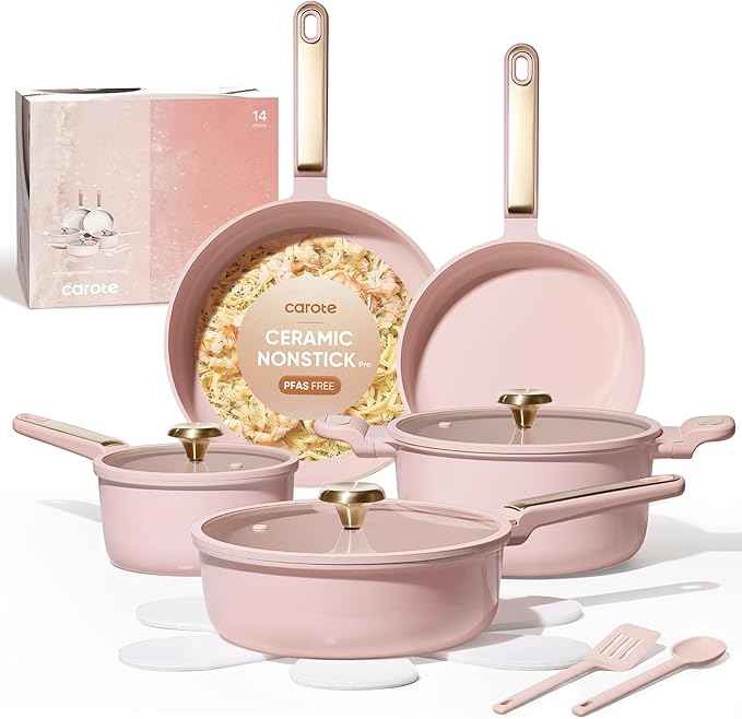 CAROTE Ceramic Cookware Set Nonstick, 14pcs Pots and Pans Set Nonstick, Non-Toxic & PFAS-Free, Dishwasher, RV/Camping Cookware Set, Cooking Pots with Lids, Pink Blush