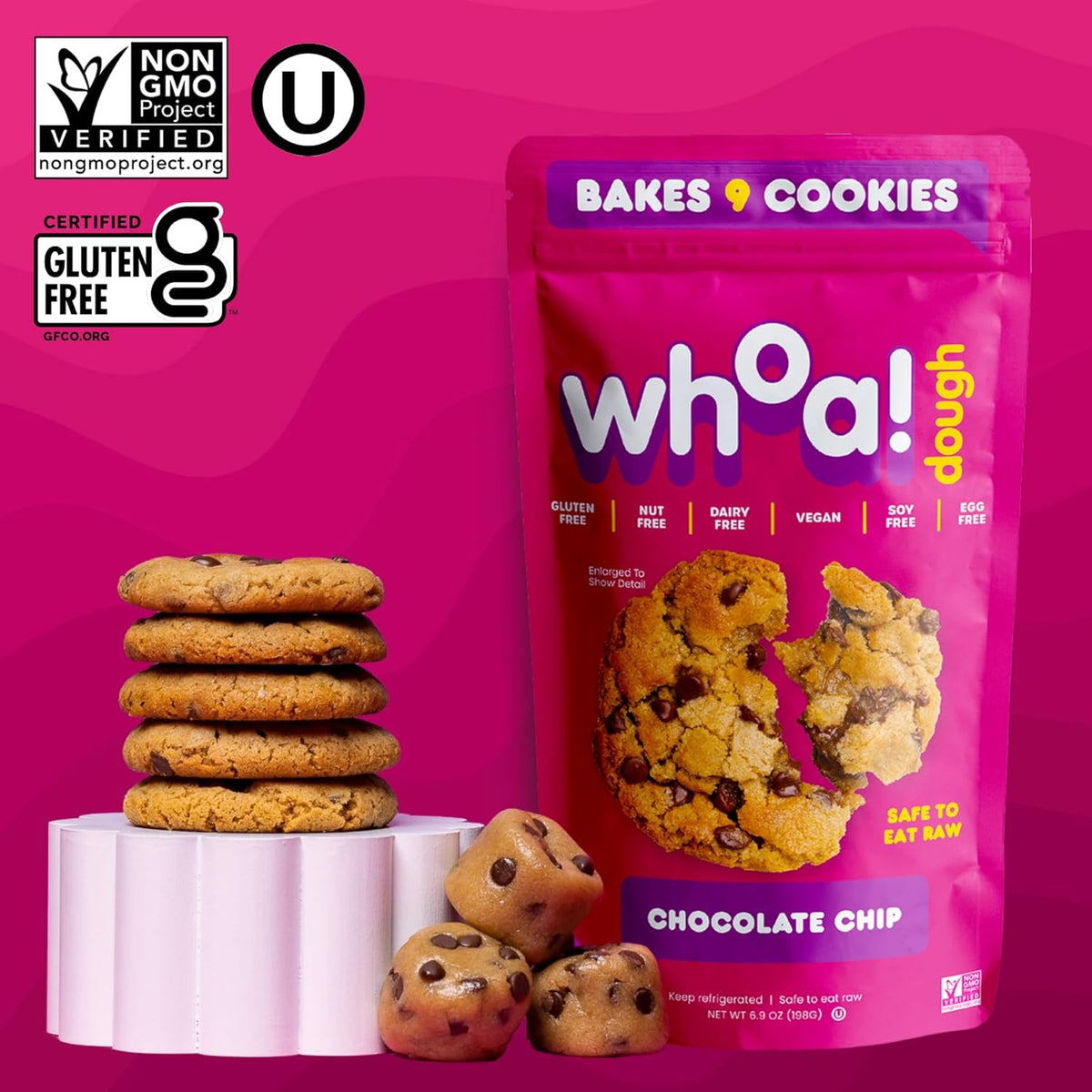 Whoa Dough Ready to Bake Cookie Dough Chocolate Chip – Certified Non-GMO, Kosher, Gluten Free – Plant-Based Snack Dough Made with Real Ingredients – 12 Pack