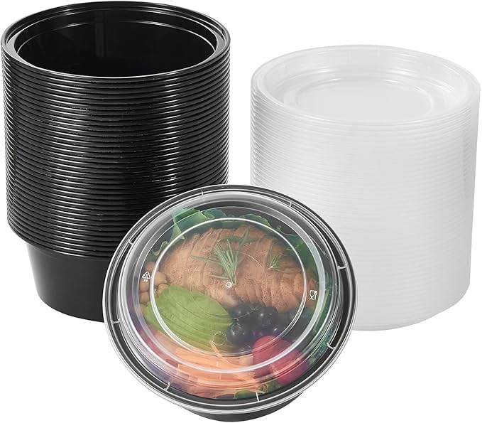 38 oz 150 ct Round Meal Prep Containers with Lids Plastic Food Storage To Go Lunch Box Disposable Take Out Bowls Black BPA Free Reusable Stackable Microwave Freezer Safe (Formerly FULING)