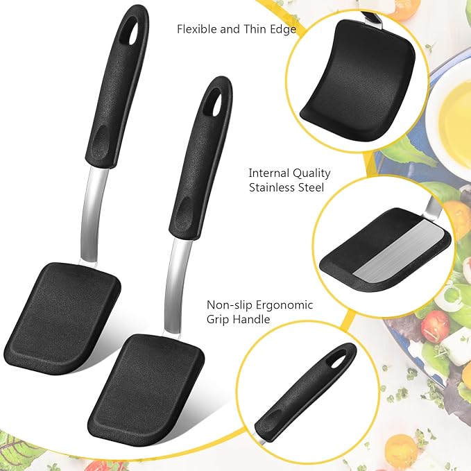 Silicone Cookie Spatula Turner 2 Pack Mini Brownie Spatula Flexible Kitchen Small Silicone Turner for Nonstick Cookware Heat Resistant No Scratch Flipper for Egg Pancake(Black)