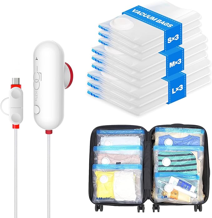 VMstr 9 Pack Travel Vacuum Storage Bags with USB Pump, Vacuum Packing Seal Bags for Luggage, Carry-on Size Space Saver for Clothes and Clothing Travel