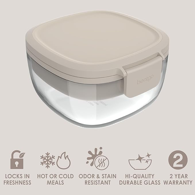 Bentgo Glass All-in-One Salad Container - Large 61-oz Salad Bowl with Lid, 4-Compartment Bento-Style Tray, 3-oz Sauce Container, & Reusable Fork - Dishwasher, Microwave, & Oven Safe (White Stone Tan)