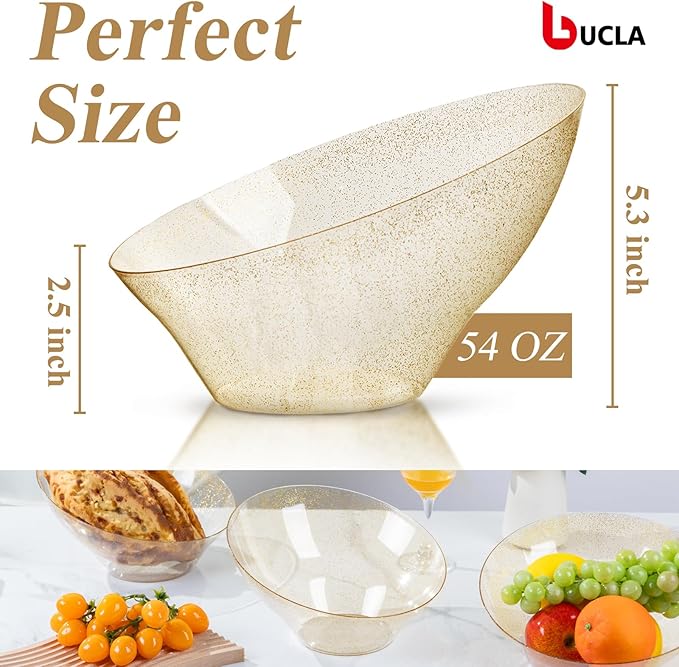 bUCLA 12 Pack Gold Glitter Plastic Serving Bowls - 54 OZ Angled Serving Bowls Disposable for Chip,Candy, Snack,Salad & Fruit - Ideal for Party, Wedding & Thanksgiving
