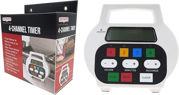 4-Channel Digital Timer, Digital Kitchen Timer, Extended Countdown for Long Cooking Process, Large LED Display for Food Cooking, Baking, Marinade, Roasting, Beef Boiling, Grilling by Chef Master 90218