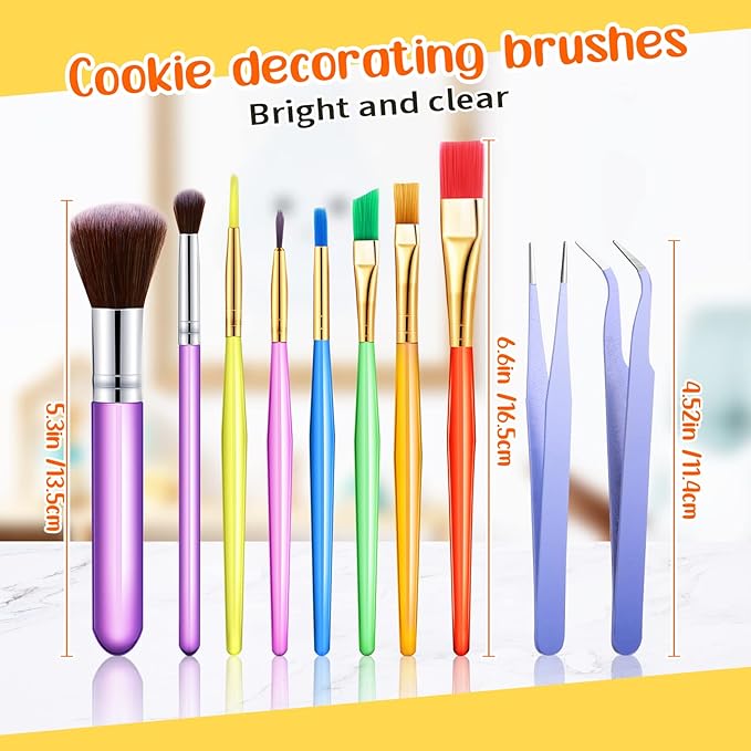 Sinmoe 10 Pieces Cake Candy Decorating Brushes Tools Cookie Decoration Brushes Pastry Brush and Stainless Steel Straight and Curved Tip Tweezers Pasta Tweezers for Baking Fondant (Multi Color)