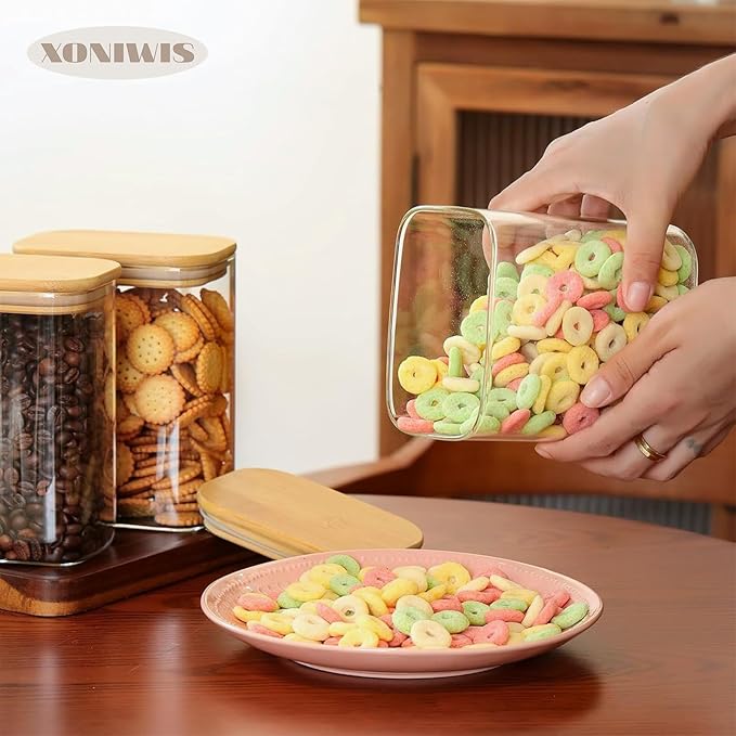 37oz 6PCS Rectangle Glass Pantry Containers with Lids, Glass Jars with Lids, Clear Food Storage Jars, Small Canister for Salt, Pepper, Spices, Nuts, Loose Tea, Coffee, Sugar, Candy