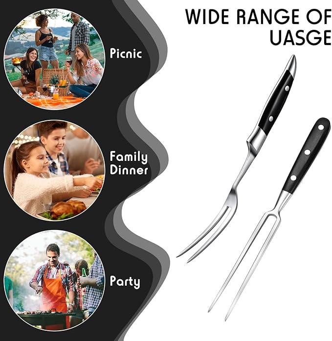 CHENGU 2 Pieces Carving Fork for Meat 12 Inch Kitchen Stainless Steel Serving Cooking with Wood Handle Classic Grill with ABS Handle Xmas Black Barbecue BBQ Fork Carving Set