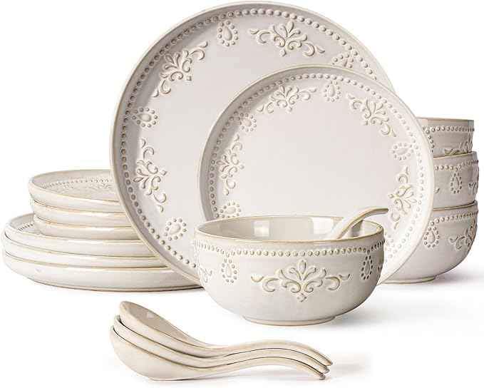 Artena Plates And Bowls Sets, 16 Pieces Dinnerware Sets, Dish Set For 4, Ceramic Kitchen Bowl And Plate Set, Embossed White Dishware Sets, Dishwasher & Microwave Safe (Damask Floral)