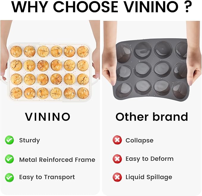 Vinino Mini Muffin Pan with Metal Reinforced Frame-1Pack, Silicone Cupcake Pan for Baking 24 Cup Mini Size, BPA Free Silicone Muffin Tray, Cupcake Baking Pan Molds for Oven Dishwasher Safe-Cream