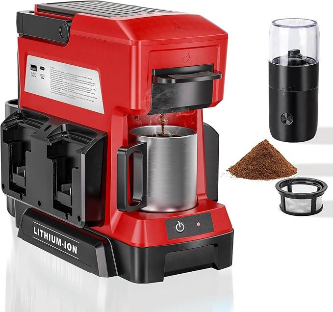 Taingwei Cordless Coffee Maker for Milwaukee M18 18V Battery, Portable Drip Coffee Maker with Electric Coffee Grinder for RV, Camping, Travel, Car, Hiking (Battery Not Included)