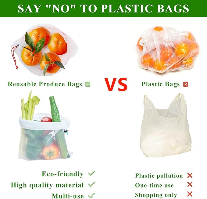 Set of 12 Washable Mesh Produce Bags - 12 Small Red (8"x12") See-Through Mesh Bags for Storage, Fruit, Vegetable, Toy