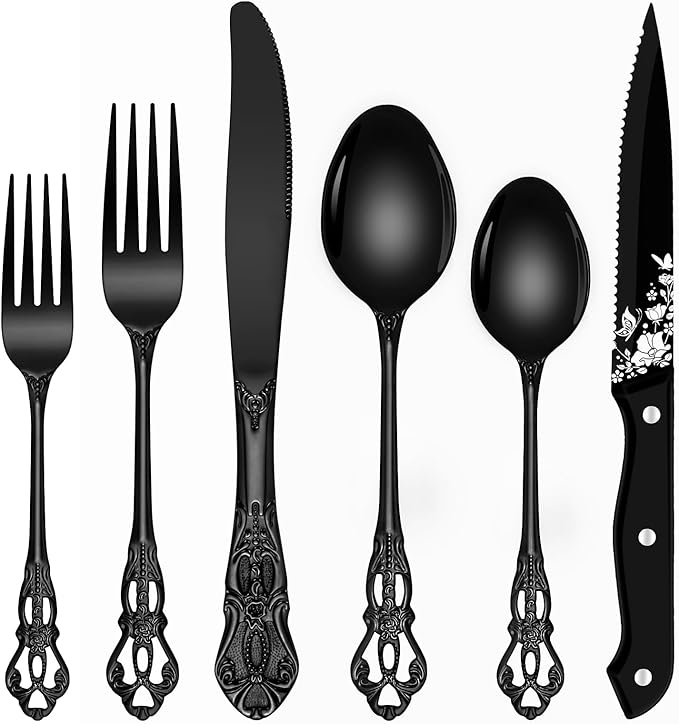 Black Silverware Set For 8, Ollex 48 PCS Retro Royal Silverware Flatware Set with Black Spoons Forks Knives Set, Mirror Polished Stainless Steel vintage Utensils Set, Dishwasher Safe