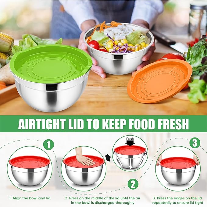 P&P CHEF Mixing Bowls with Airtight Lids Set of 5, 10-Piece Stainless Steel Mixing Nesting Bowl, Metal Bowl with Lid for Kitchen Prepping & Storing, Size 4.6, 3, 1.5, 1, 0.7 QT, Multicolor