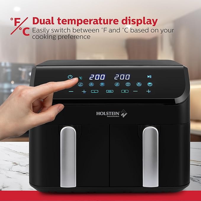 Holstein Housewares 9.5 QT Dual Basket Digital Air Fryer, Independent Controls - Non-Stick, Healthy Cooking with Less Oil, 8 Presets, Fry, Roast, Bake & Grill, LED Display & Dishwasher-Safe Parts