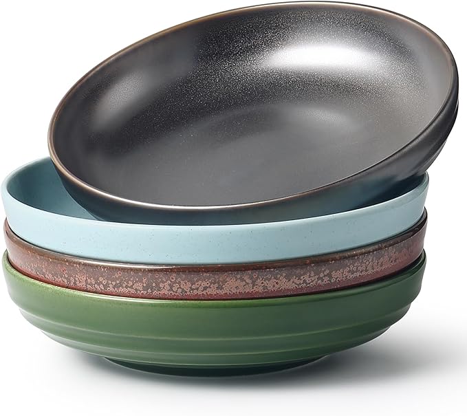 HAPPY KIT Stoneware Pasta Bowls, 9-inch, Set of 4, 42 oz, Reactive Glaze Large Salad Bowls, Scratch-Resistant Ceramic Serving Bowls, Four Colors