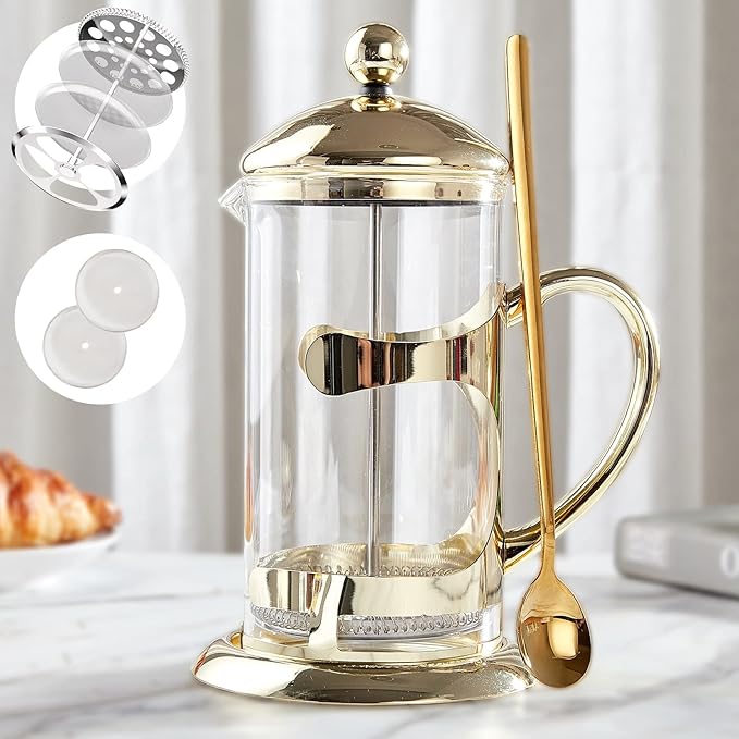 DUJUST Gold French Press Coffee Maker, Luxury Design French Coffee Press with 4-Level Filter System, High-Grade Glass for Hot & Cold Resistance, Include Long Size 304 Stainless Steel Spoon - 34oz