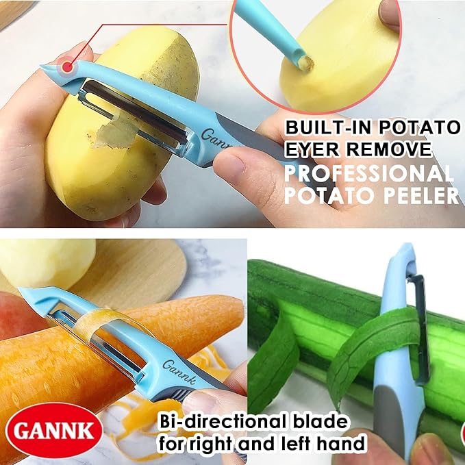 GANNK Potato Apple Vegetable Peelers for Kitchen, I and Y Peelers for Fruit Veggie Potatoes Carrot Cucumber, 3 in 1 Blade Spin Design With Julienne Function