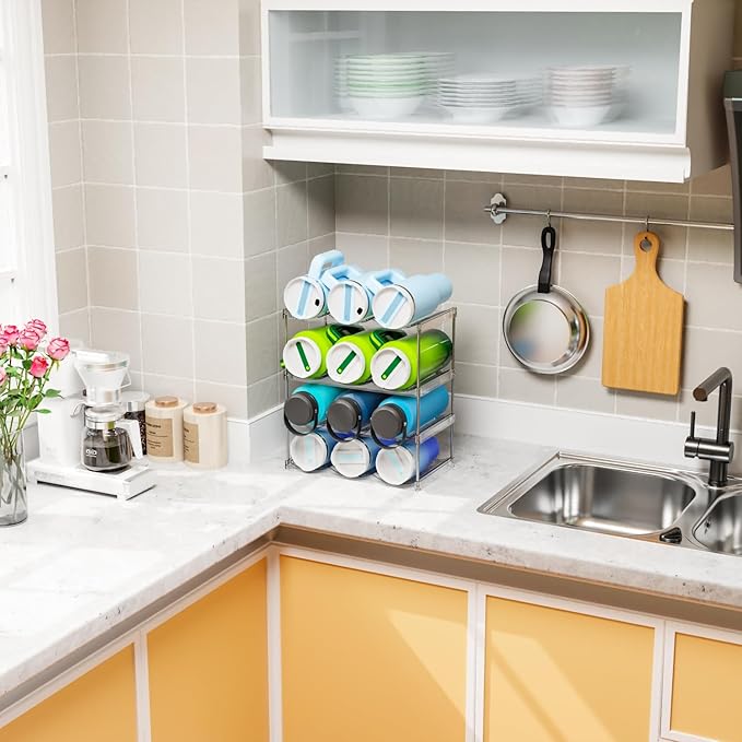 Yieach Larger Compartments Stackable Water Bottle Organizer for 40 oz Stanley Cup Holder,Yeti and Other Tumbler Organizer,3 Tier Wine Rack and Waterbottle Storage Rack for Kitchen Cabinets,Countertop