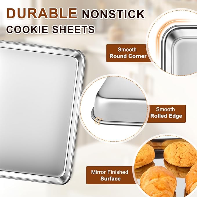 Baking Sheet Set of 3, Commercial Grade Stainless Steel Cookie Sheets for Baking, 12/16/17.5 Inch, Thicker and Firmer Baking Pans Set, Rust & Warp Resistant & Nonstick, Nontoxic&Heavy Duty&Easy Clean