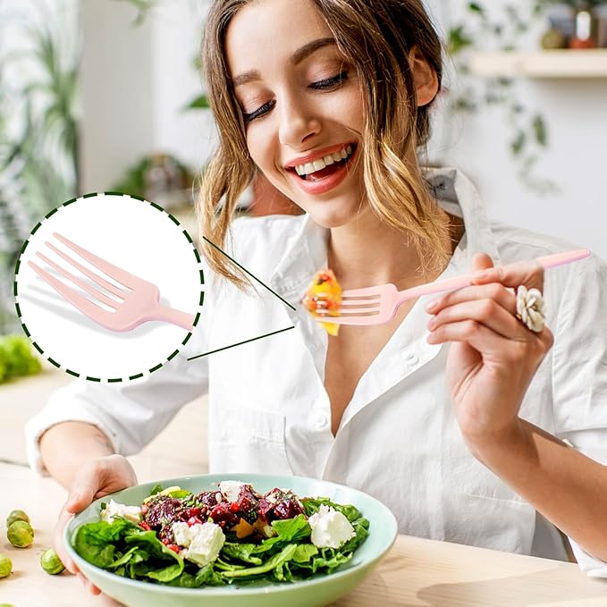 PULOTE 150PCS Pink Plastic Silverware - Plastic Cutlery Heavy Duty - Pink Utensils Set Disposable Include 50 Forks, 50 Spoons, 50 Knives for Wedding, Party & Mother’s Day