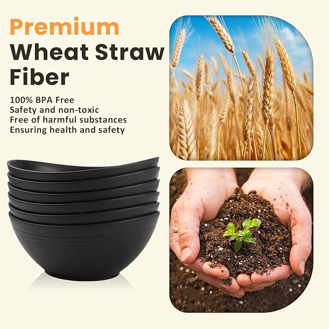 Homienly Wheat Straw Bowls Set of 6, 60 OZ Salad Bowl Large Capacity for Soup, Popcorn - Unbreakable Serving Bowl - Microwave & Dishwasher Safe Bowl, Alternative for Plastic Bowls for Kitchen - Black