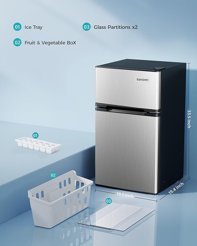 EUHOMY Mini Fridge with Freezer, 3.2 Cu.Ft Mini Refrigerator fridge, 2 door For Bedroom/Dorm/Office/Apartment - Food Storage or Cooling drinks, Silver