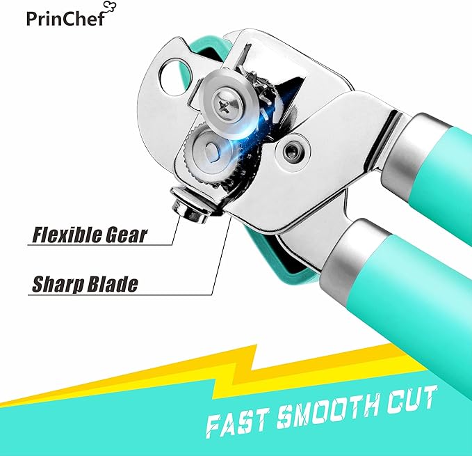 PrinChef Can Opener Manual, Can Tin Bottle Opener with Magnet - No-Trouble-Lid-Lift, Handheld Can Opener Smooth Edge with Sharp Blade, Heavy Duty and Easy to Use, for Seniors with Arthritis, Lake Blue