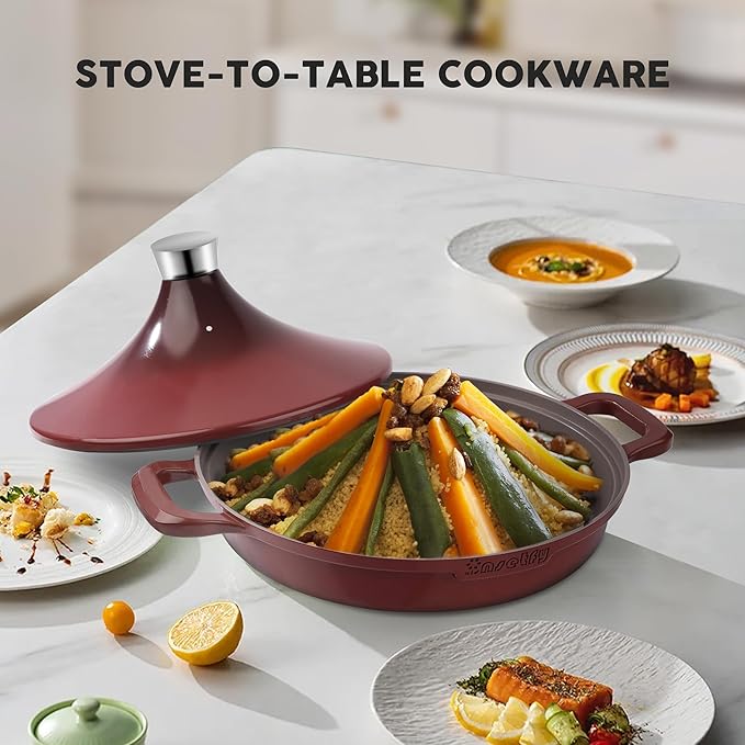Non-Stick Frying Pan/Skillet 11", 3QT Tagine Pan,Cast Aluminum Pans with Lid, Stove/Oven-to-Table Cookware, Dishwasher Safe& Compatible with All Stovetops（Red）