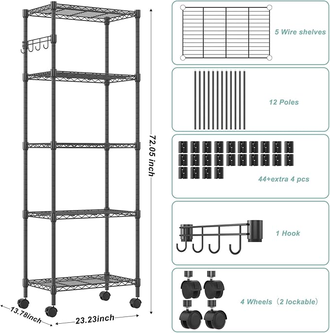 Himimi 5-Tier Wire Shelving Unit on Wheels, Adjustable Heavy Duty Metal Shelves with Side Hooks, Metal Organization Wire Rack for Kitchen Garage Basement, 13" L x 23" W x 72" H, Black