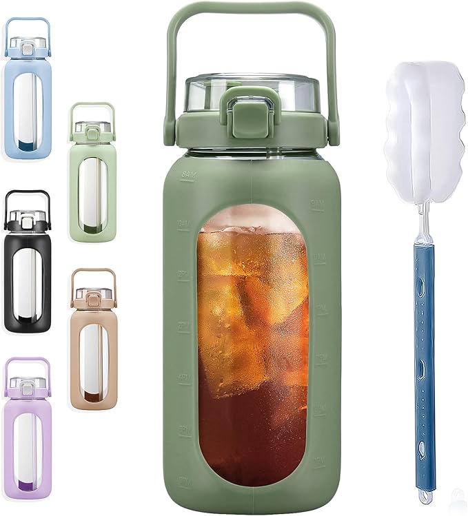 BLUEGO 64oz Glass Water Bottles with Straw Time Marker Half Gallon Large Motivational Water Bottle with Silicone Sleeve 2 Liter Large Glass Water Jug for Gym, Sports& Workout, Daily, 02 Olive