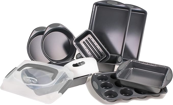 BergHOFF 11Pc Perfect Slice Bakeware Set, Covered Rectangle Cake Pan, Cookie Sheets, Muffin Pan, Loaf Pan, Round, Square and Rectangle Cake Pans, Slicer, Non Toxic, PFOA Free, Grey & Grey