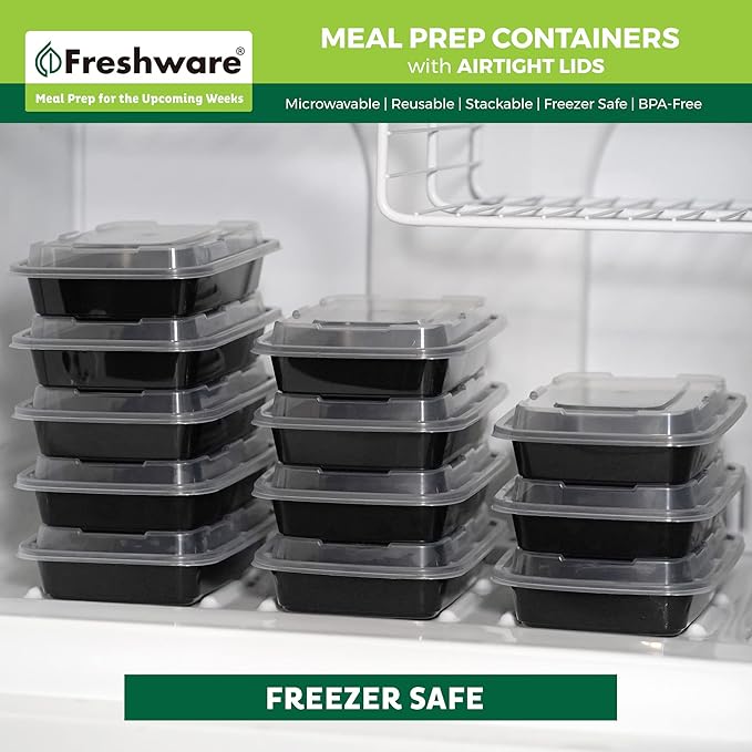 Freshware Meal Prep Containers 1 Compartment Food Storage Containers with Lids, Bento Box, BPA Free, Stackable, Microwave/Dishwasher/Freezer Safe (28 oz), 50 Count (Pack of 6)