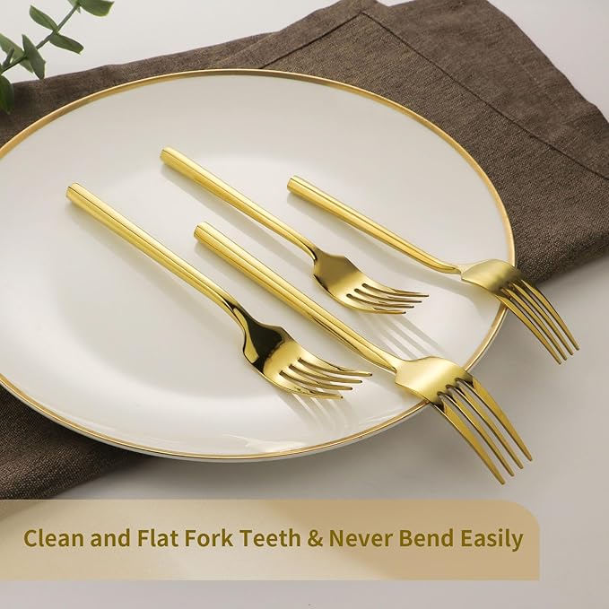 DEACORY Silverware Set Flatware Set Mirror Gold Cutlery Set Heavy Hexagon Handle Stainless Steel 20 Pieces Dishwasher Safe Service for 4