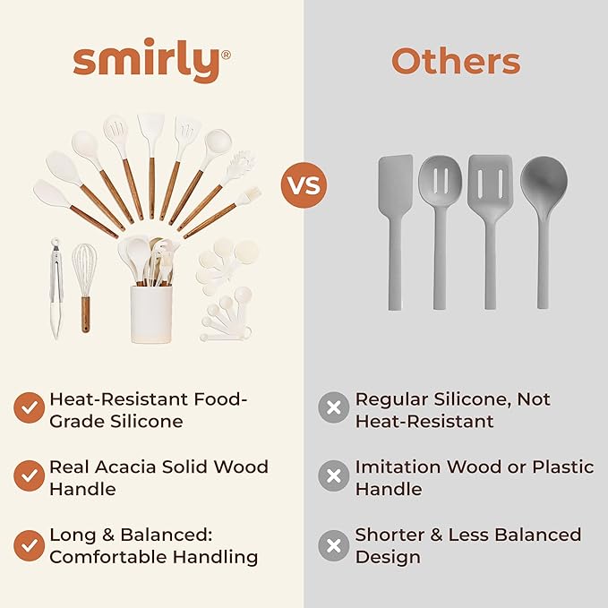 Silicone Kitchen Utensils Set & Holder: Cooking Utensils Set - Kitchen Essentials for New Home & 1st Apartment- Silicone Spatula Set, Cooking Spoons for Nonstick Cookware (Acacia Wood, Cream White)