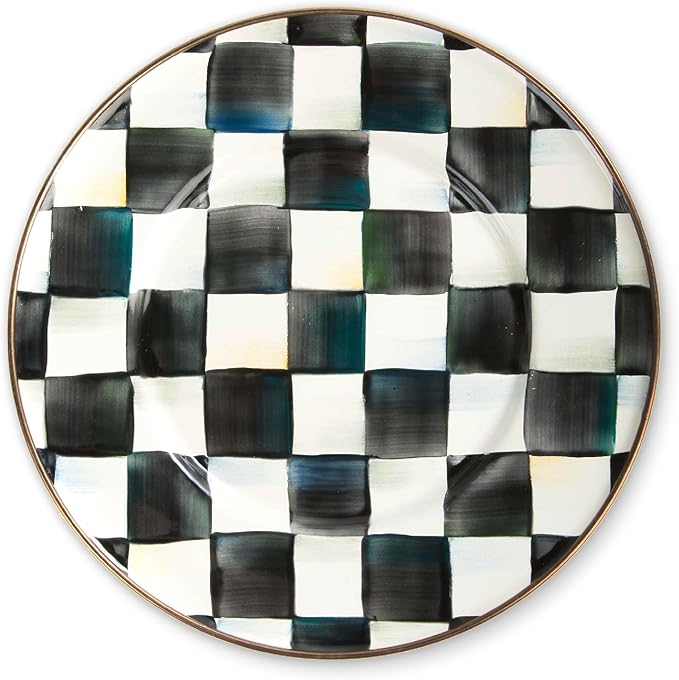 MACKENZIE-CHILDS Enamel Salad and Dessert Plate, Small Plate for a Dessert or Appetizer Dish, 8 Inches, Black-and-White Courtly Check