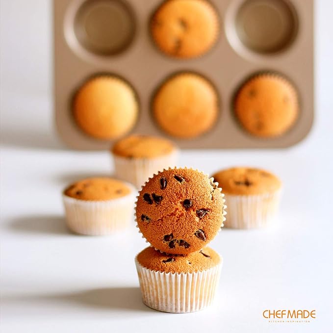 CHEFMADE Muffin Cake Pan, 12-Cavity Non-Stick Cupcake Pan Bakeware for Oven Baking (Champagne Gold)