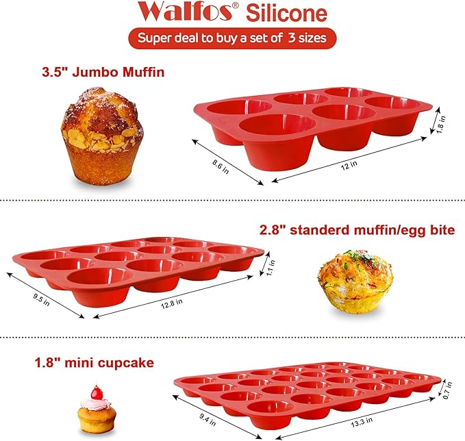 Walfos Silicone Muffin Pan - Cupcake Pans Set of 3, Including 24 Cups Mini Muffin Pans, 12 Cups Regular & 6 Cups Jumbo Muffin Pan, Pop Out Easily - BPA Free & Dishwasher Safe