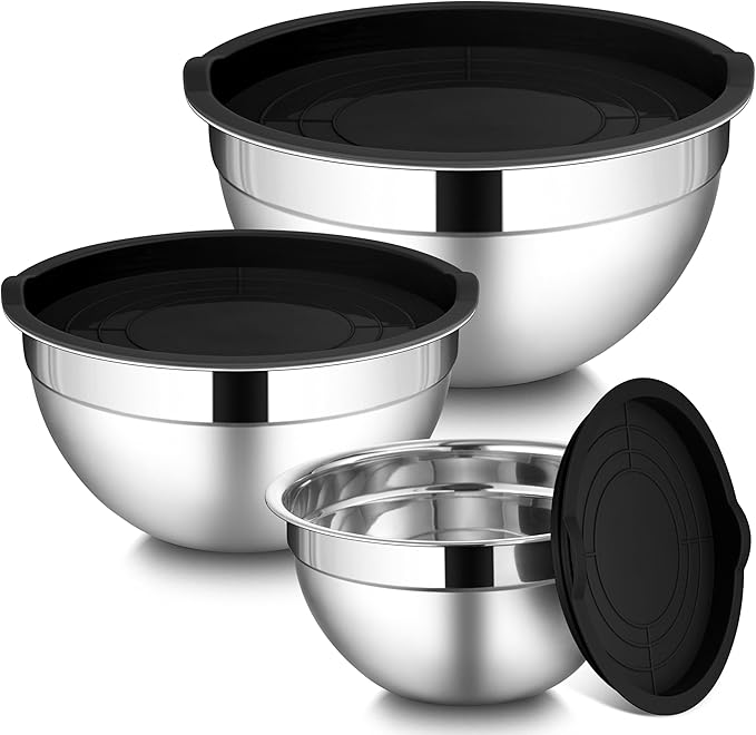 LIANYU Mixing Bowls with Lids Set of 3, Large & Small Stainless Steel Nesting Metal Bowls for Kitchen Storage, Dishwasher Safe, Size 1.5QT & 3QT & 4.6QT, Black