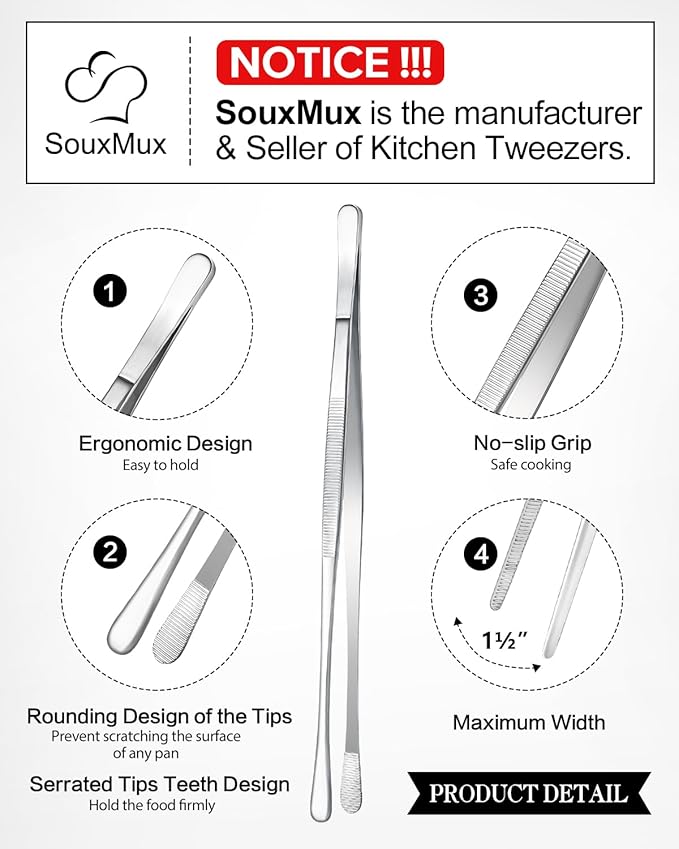 2 Pcs 10-inch Cooking Tweezers Tongs Precision Serrated Tips, Stainless Steel Professional Chef Tweezer Kitchen Tools for BBQ, Plating and Serving (Silver)