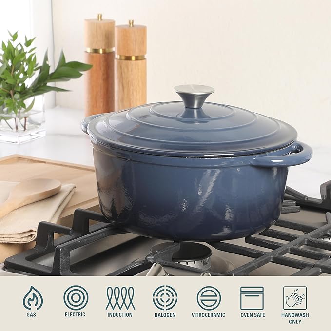 Gibson Home Addlestone 5 Qt Enameled Cast Iron Dutch Oven Pot with Lid – Round, Oven Safe to 500°F, Ideal for Bread Baking & Stews - Gradient Navy Blue