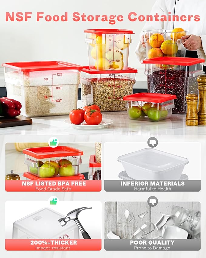 4QT NSF Food Storage Containers: 8 PCS [Food Grade][Hot&Cold Resistant] Commercial Clear Food Storage Containers with Lids for Restaurant Kitchen Proof Dough, Measuring Spoons Included(Red)