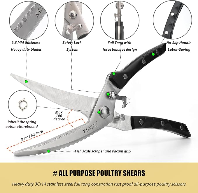 KUNIFU Poultry Shears, All Purpose Heavy Duty Kitchen Scissors For Food Turkey Meat Chicken Herbs, Cooking Scissors Utensils, Kitchen Gadgets Gray