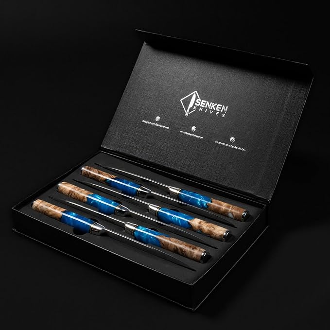 SENKEN Damascus Steak Knife Set - Tsunami Collection - 67-Layer Japanese VG10 Steel - Razor Sharp Non-Serrated Blades, Blue Resin & Natural Wood Pattern Handles, Luxury Gift Box (6 Steak Knife Set)
