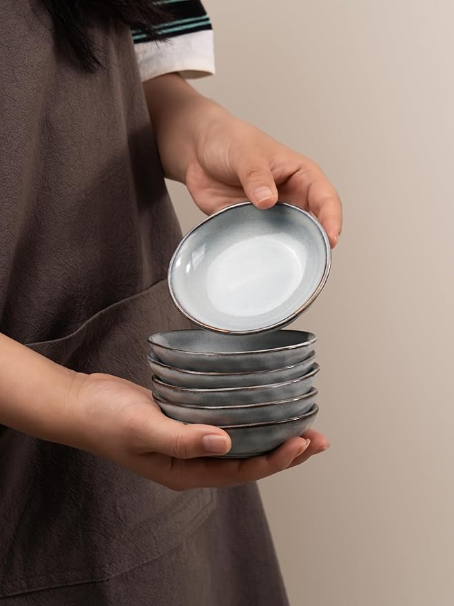 famiware Ocean Soy Sauce Dishes of 6, Oval Dipping Sauce Cups/Bowls/Dishes for Kitchen, 2.1oz Ceramic Small Bowls for Side Dish, Appetizers, Snacks, and Sushi, Reactive Glaze, Dishwasher Safe, Grey
