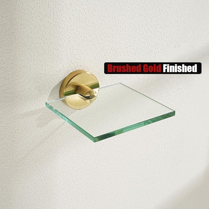 JQK Small Floating Glass Shelves Gold, 4 Inch Display Ledges for Wall, Mini Decor, Living Room Bedroom Bathroom, Tempered Glass Shower Storage, 2 Pack, TGS101L4-BG-P2