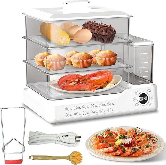 24L/25QT Electric Steamer, 3 Tier Food Steamer, Commercial Stainless Steel Steamer with Detachable Water Tank, Large Capacity Breakfast Machine with Timer, for Home, Restaurant, Party