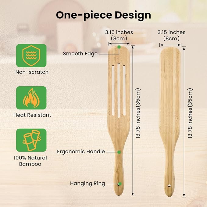 GEEKHOM Bamboo Spatulas, 13 Inch Wooden Kitchen Utensils, 2 Pack Wood Spurtle Set for Cooking, Slotted Wok Turners, Flipper for Nonstick Cookware Stirring, Serving Mixing Scraping